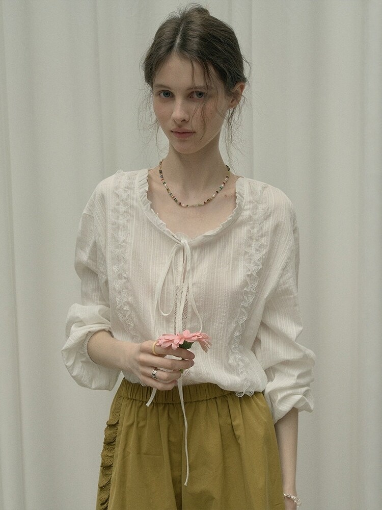 Women's French Lace-Up Blouse - Vintage Romantic Aesthetic