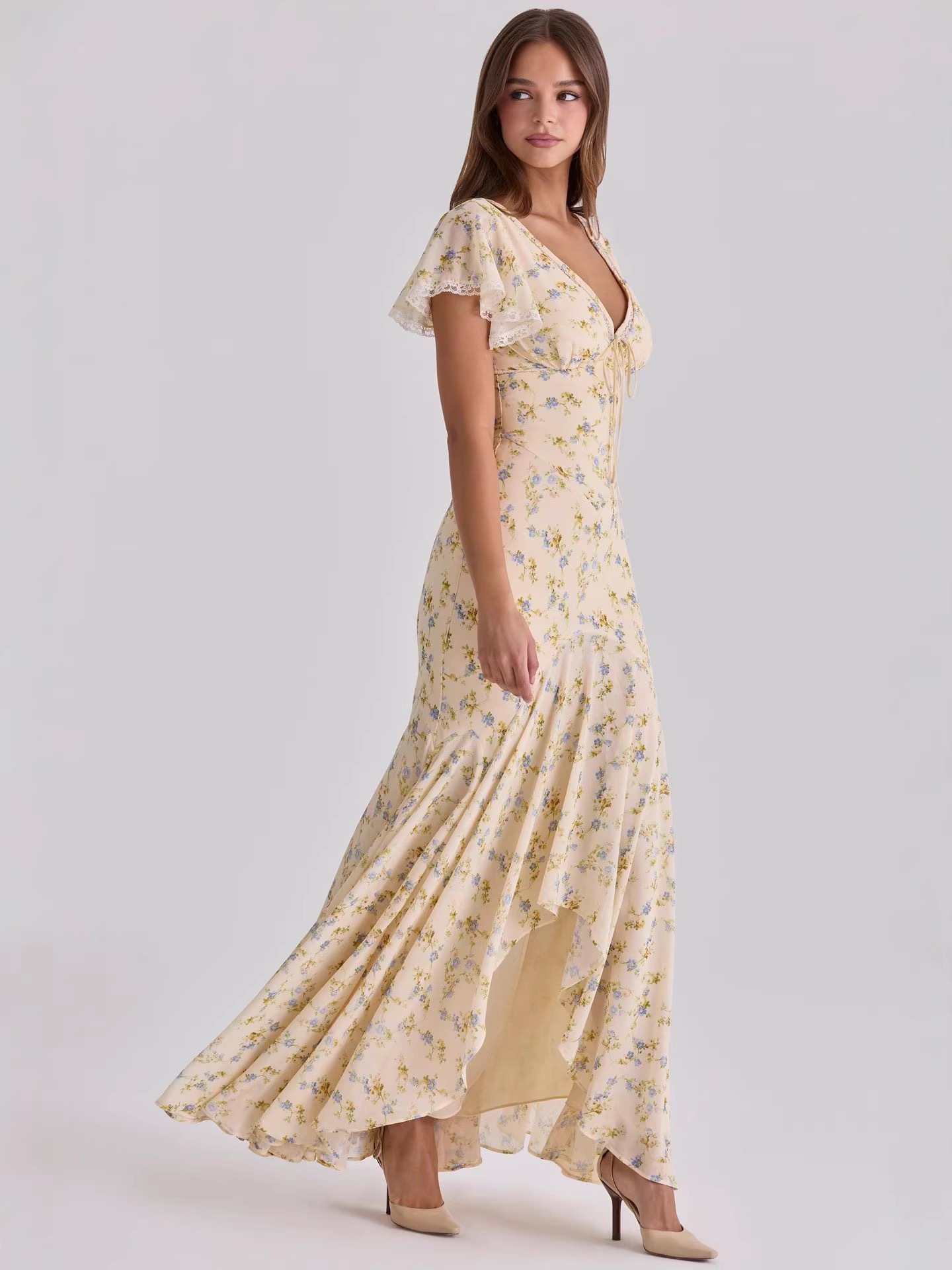 Ethereal Floral Chiffon Dress with High-Low Hem