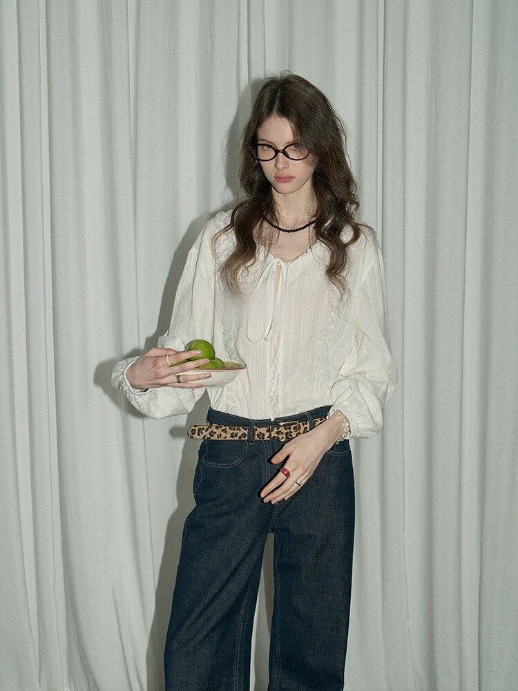 Women's French Lace-Up Blouse - Vintage Romantic Aesthetic