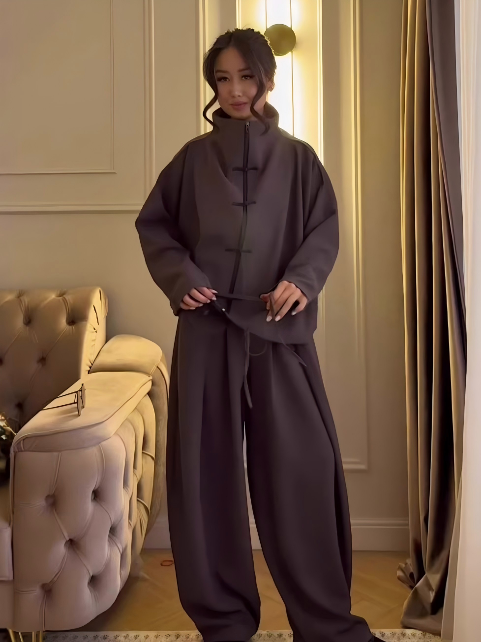 Modern Mandarin-Collar Co-ord Set | Zen-Inspired Two-Piece Loungewear