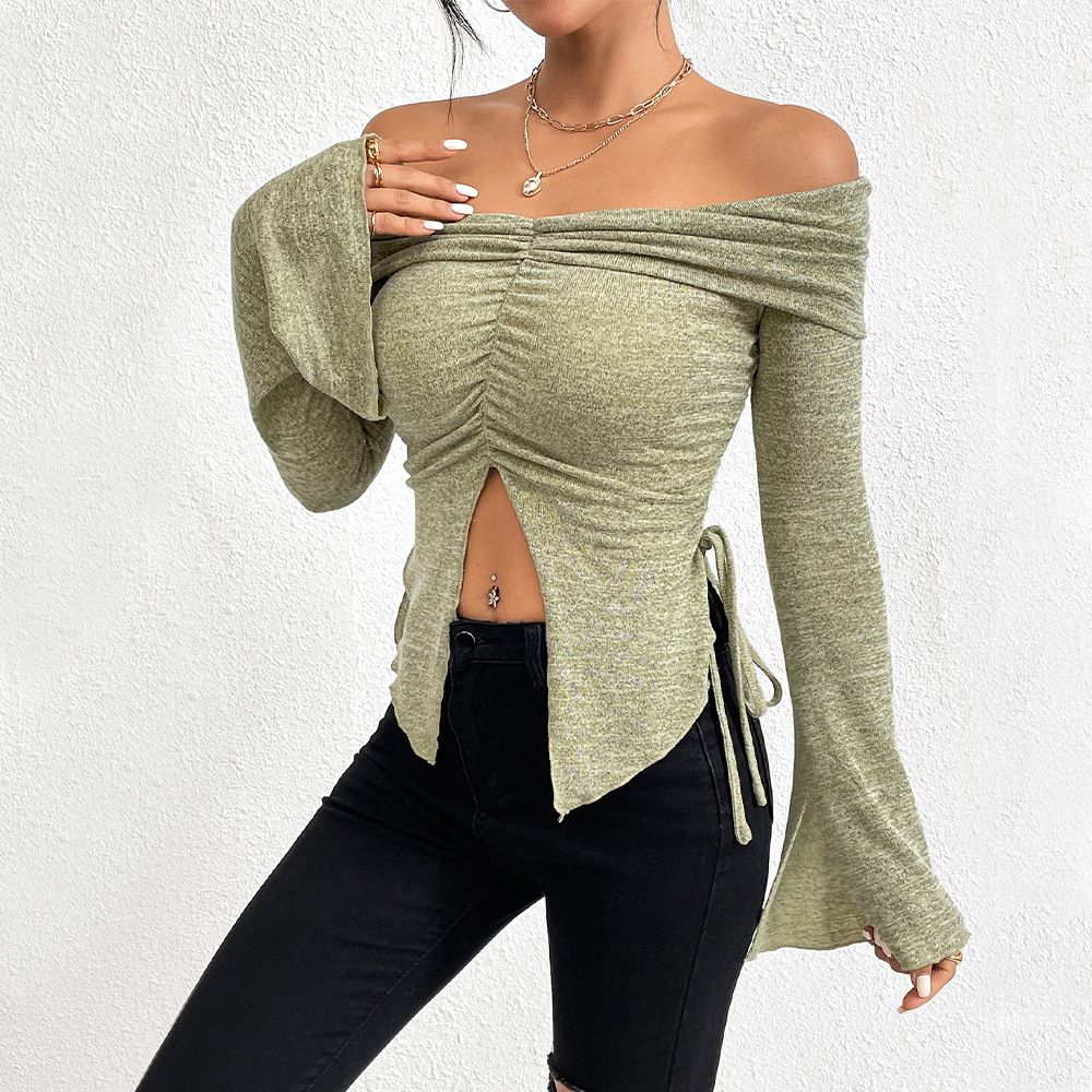 Lightweight Off-Shoulder Knit Top – Slit, Flared Sleeves, Sexy for Late Spring/Early Summer