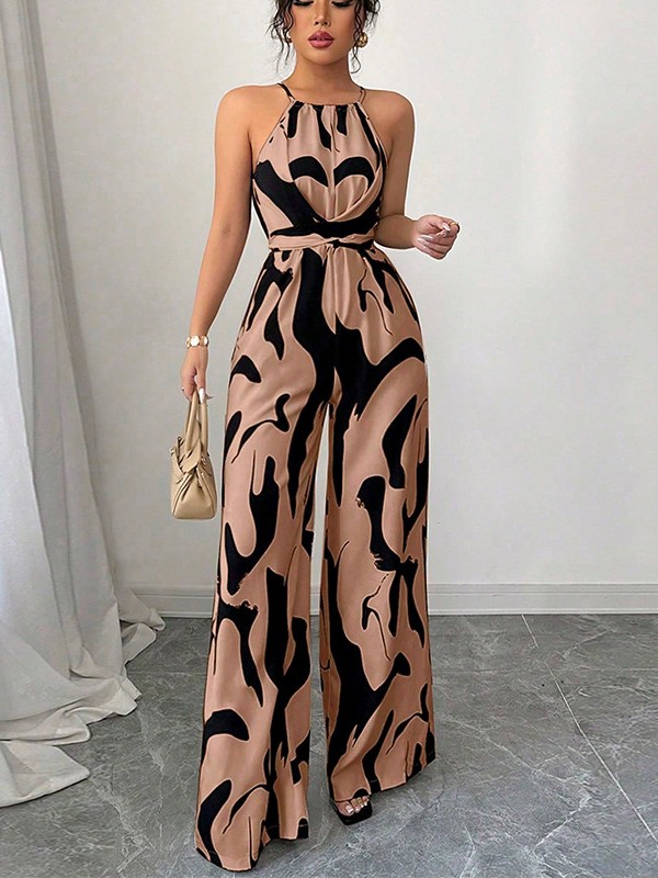 Artistic Fluid-Print Halter Jumpsuit with Waist-Defining Tie