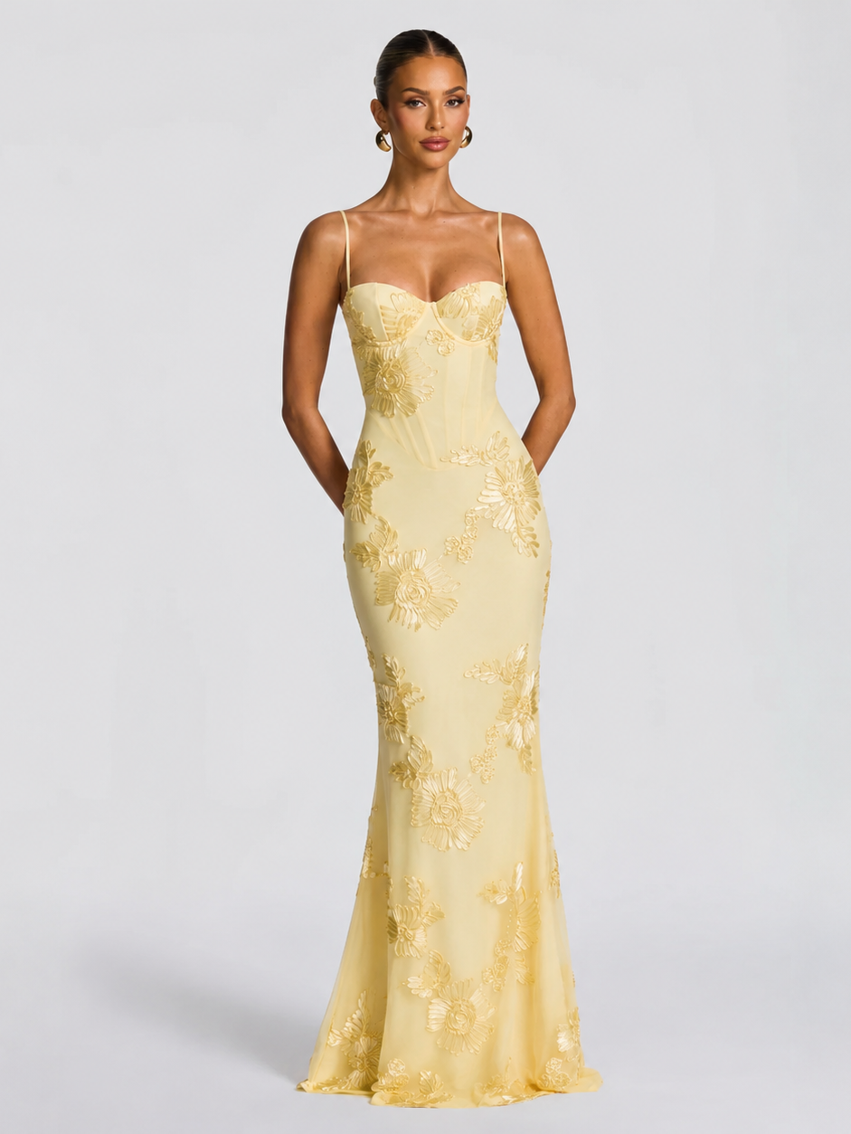 Alluring Backless Bodycon Gown with Flower Detail