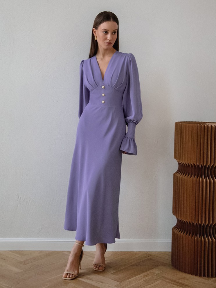 V-Neck Lantern Sleeve Maxi Dress