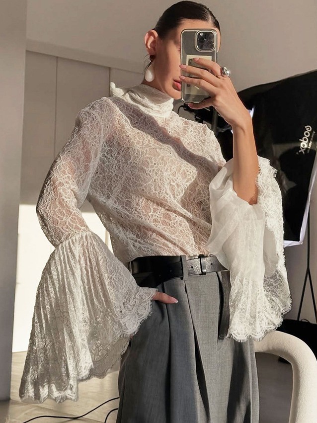 Elegant Floral Lace Mock Neck Blouse