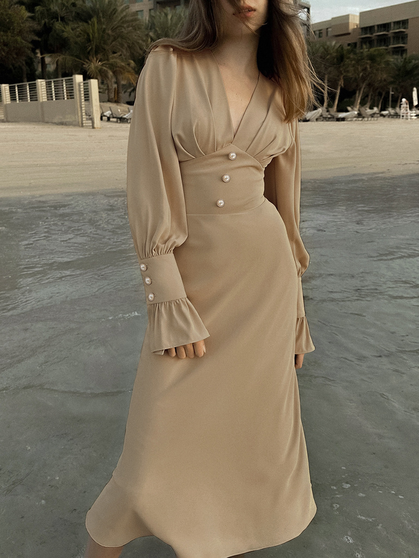 V-Neck Lantern Sleeve Maxi Dress