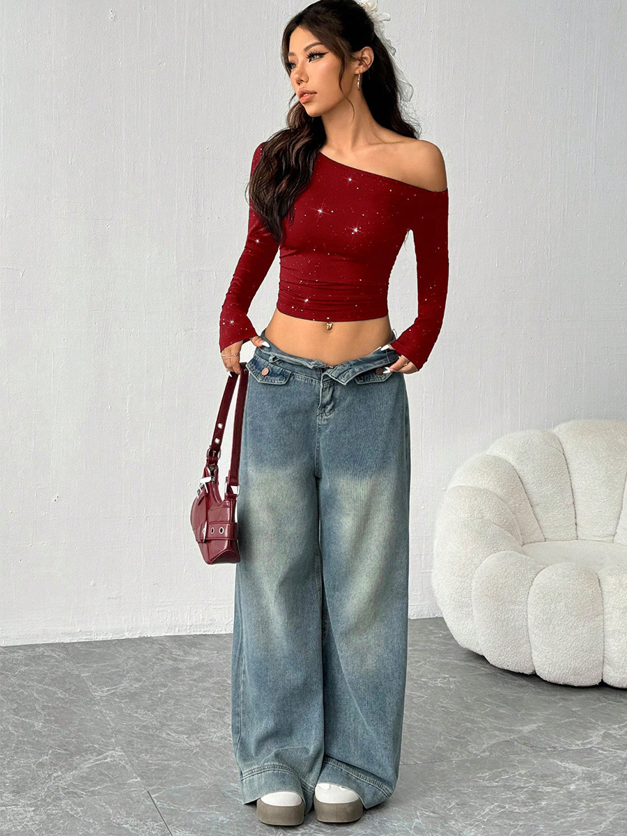 Rhinestone One Shoulder Knit Top