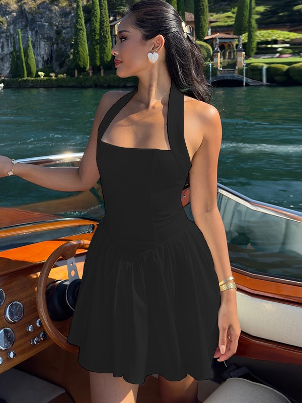 Halter Neck Backless Flare Mini Dress