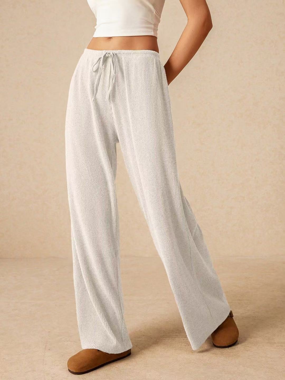Ribbed Elastic Waist Wide Leg Pants