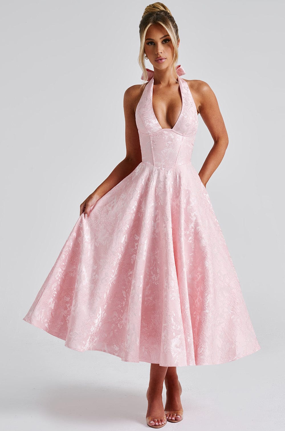 Jacquard V-Neck Halter Maxi Dress