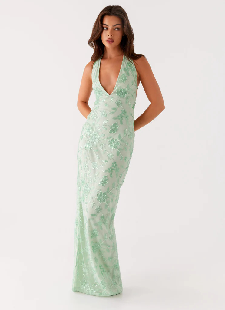 Radiant Sequin Embroidered Halter Gown