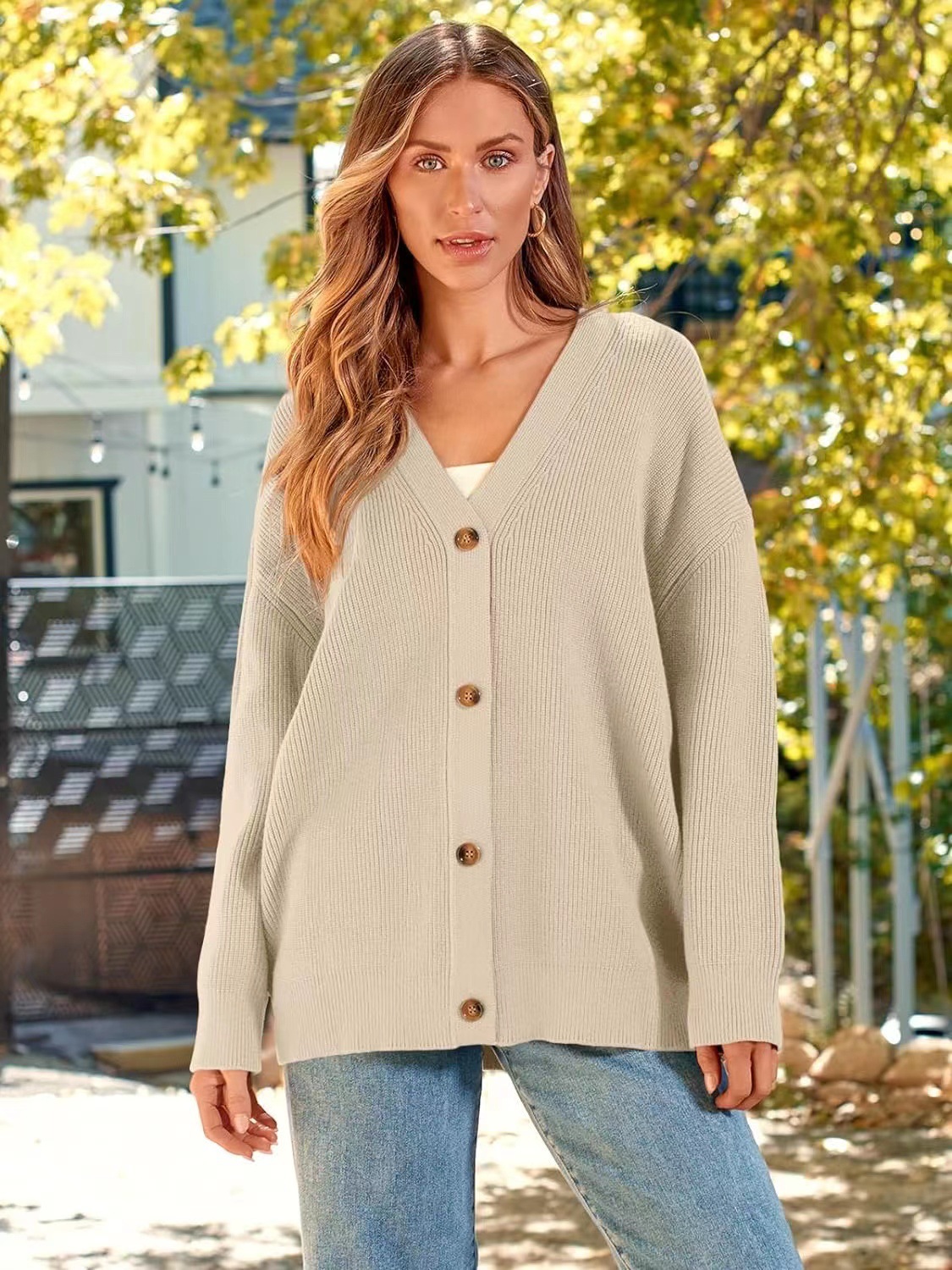 Button-Front V-Neck Ribbed Cardigan