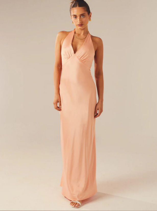 Lustrous Satin Halter Gown with Plunging V-Neck