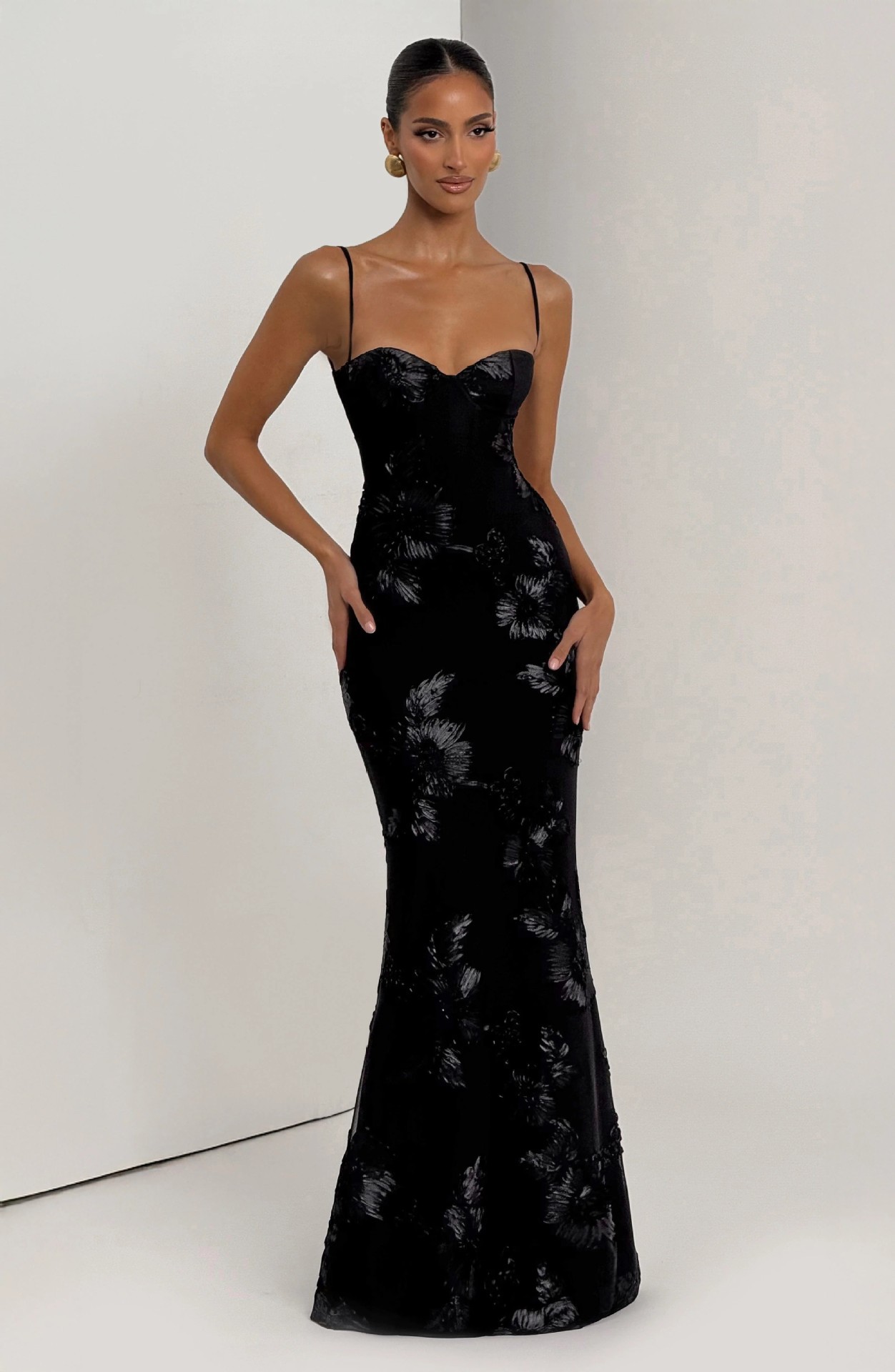 Alluring Backless Bodycon Gown with Flower Detail
