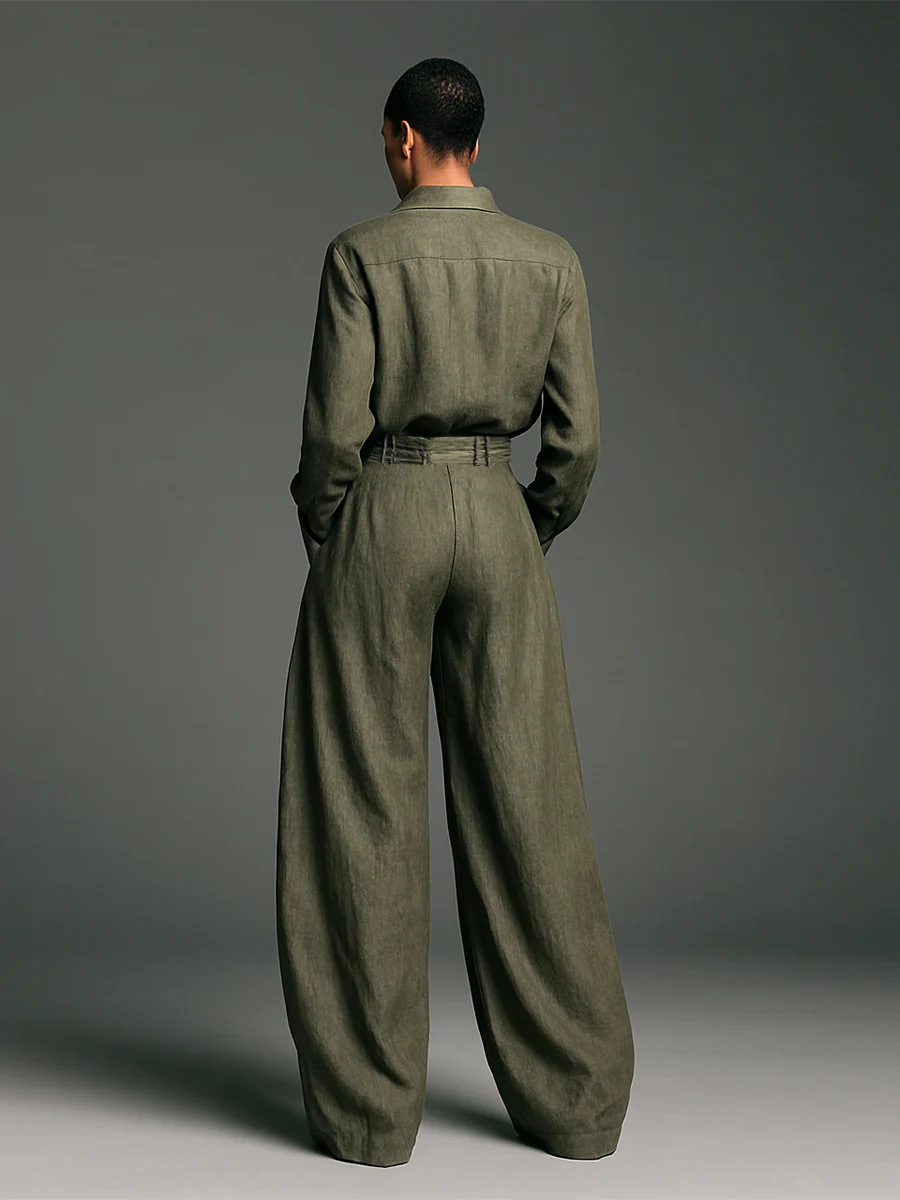 Linen Button-Down Shirt & Multi-Button Wide-Leg Pant Set