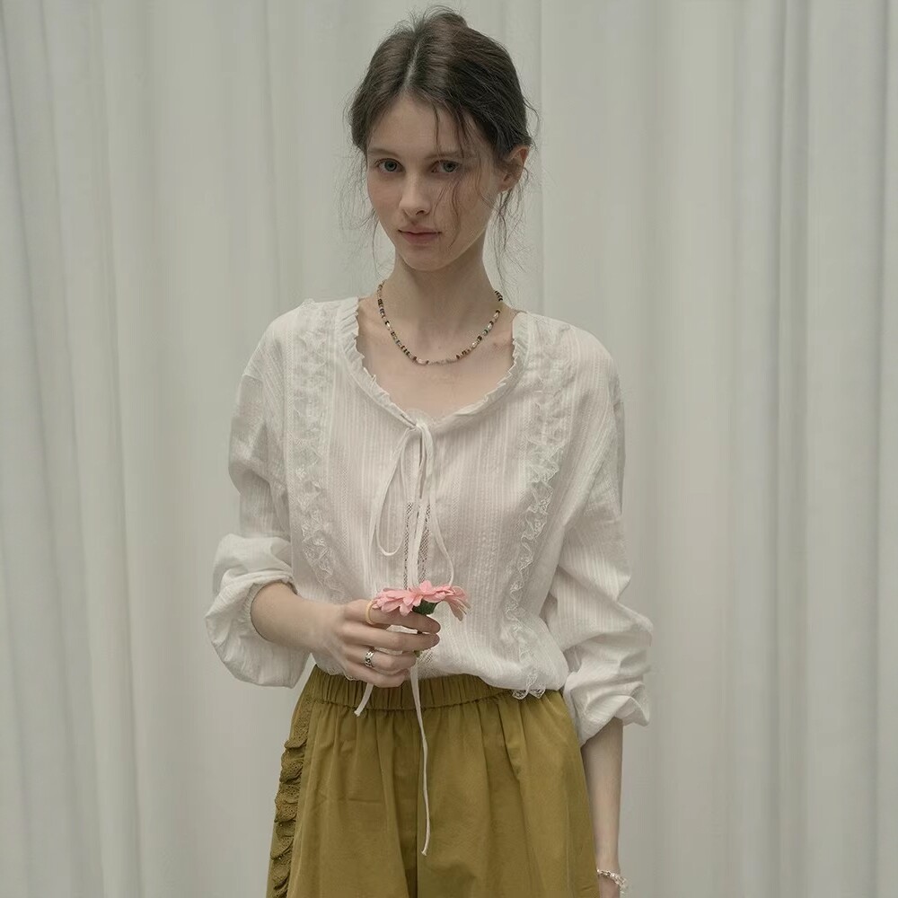 Women's French Lace-Up Blouse - Vintage Romantic Aesthetic