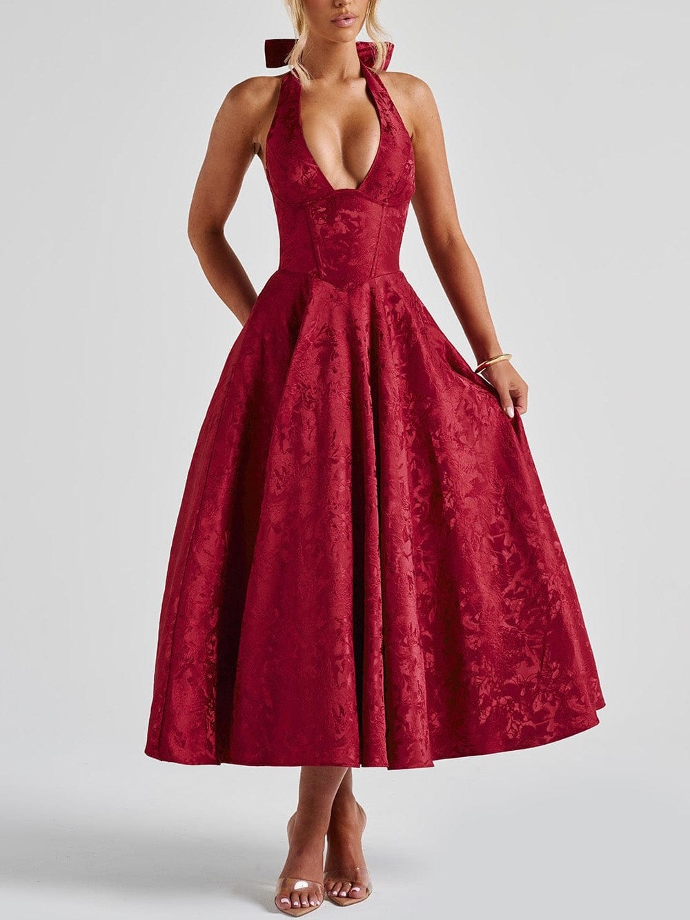Jacquard V-Neck Halter Maxi Dress