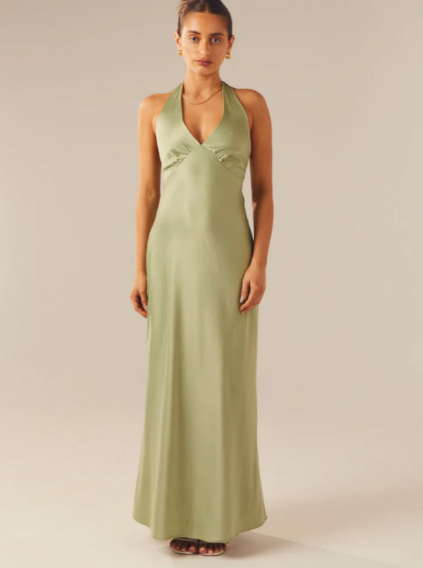 Lustrous Satin Halter Gown with Plunging V-Neck