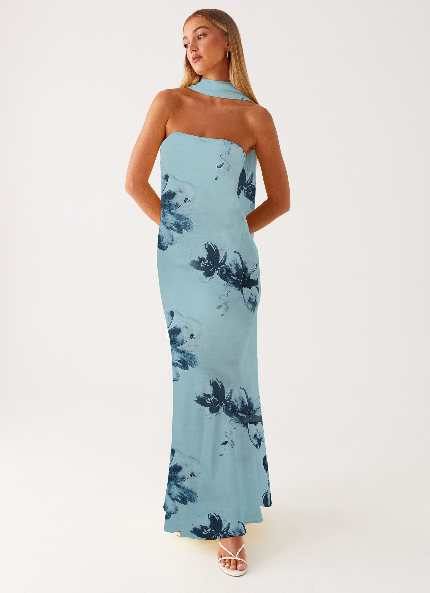 Floral Satin Tube Top Flare Dress