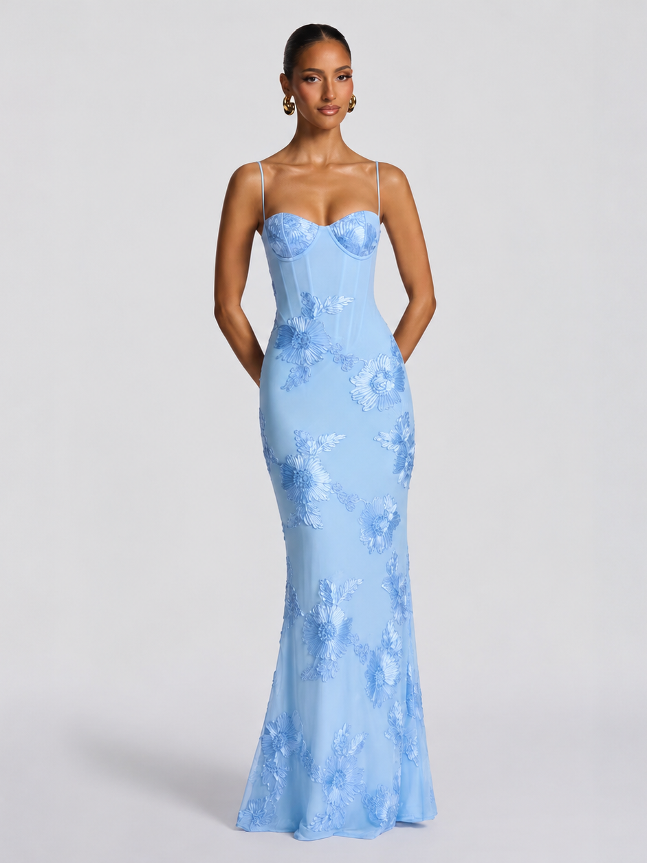 Alluring Backless Bodycon Gown with Flower Detail