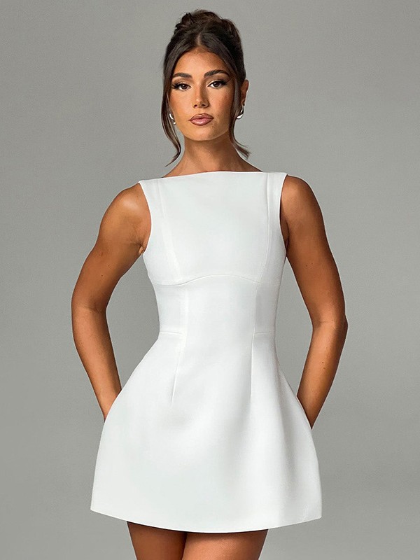 Elegant Boat Neck A-Line Mini Dress
