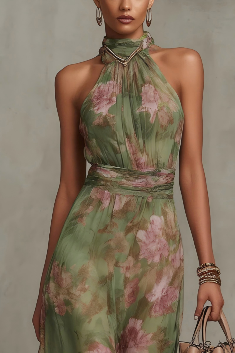 Backless Halter Maxi Dress in Vintage Print - Chic Flowy Summer Outfit