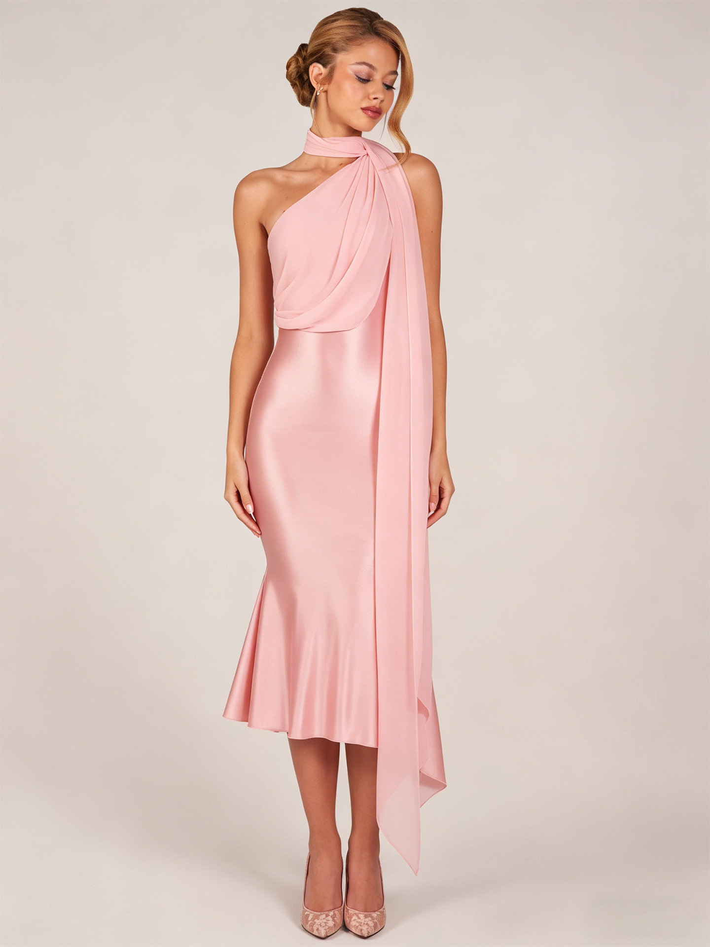 Halter Drape Satin Midi Dress