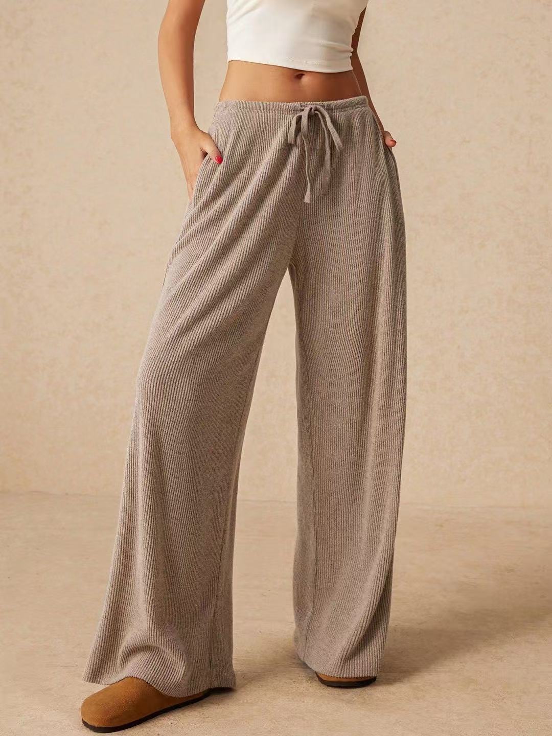 Ribbed Elastic Waist Wide Leg Pants