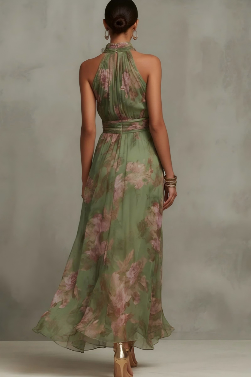 Backless Halter Maxi Dress in Vintage Print - Chic Flowy Summer Outfit