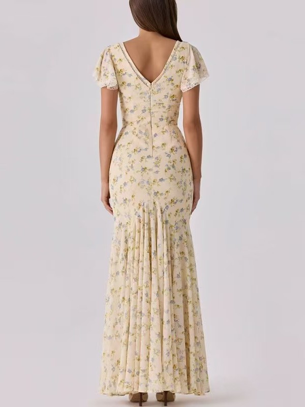 Ethereal Floral Chiffon Dress with High-Low Hem