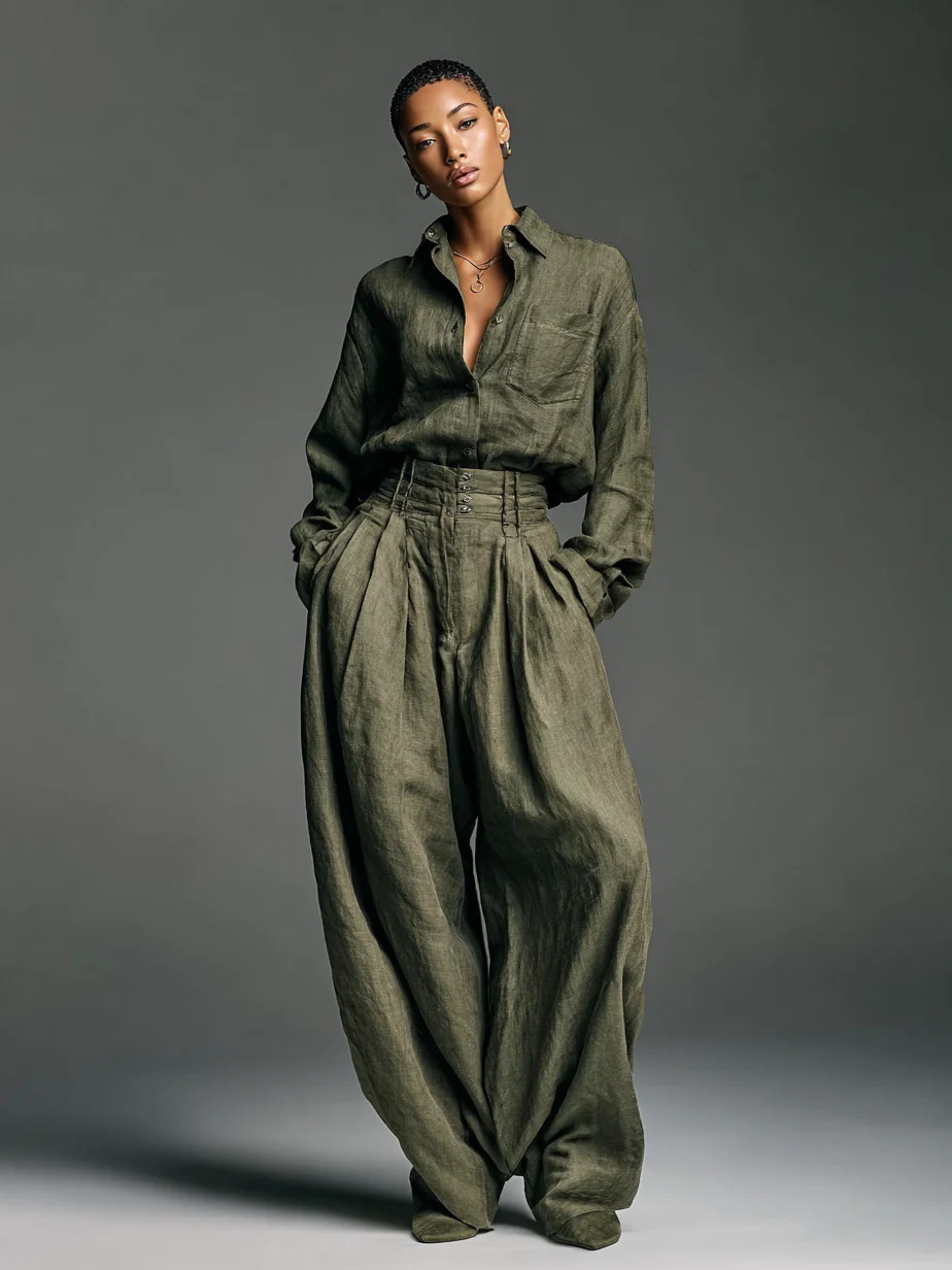 Linen Button-Down Shirt & Multi-Button Wide-Leg Pant Set