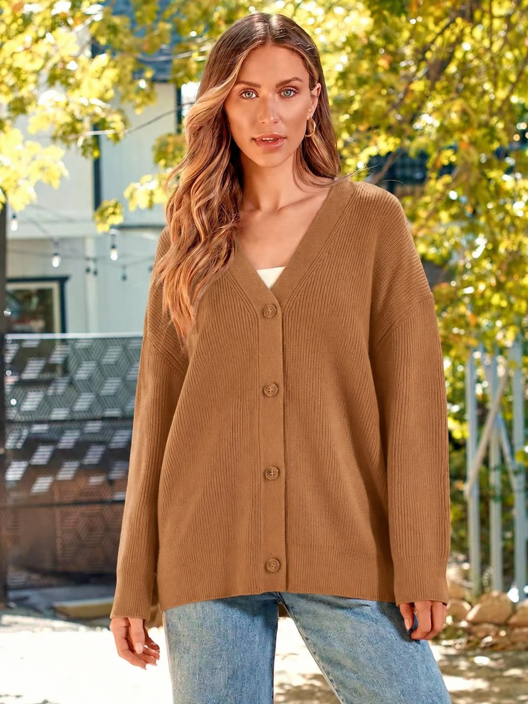 Button-Front V-Neck Ribbed Cardigan