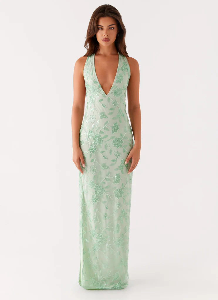 Radiant Sequin Embroidered Halter Gown