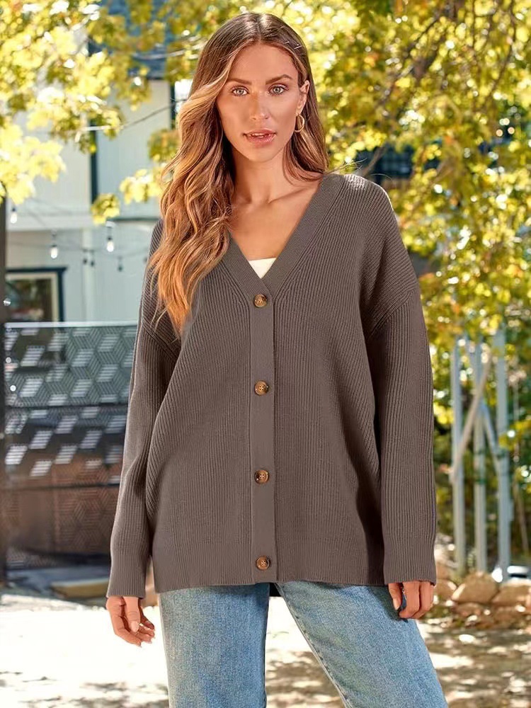 Button-Front V-Neck Ribbed Cardigan