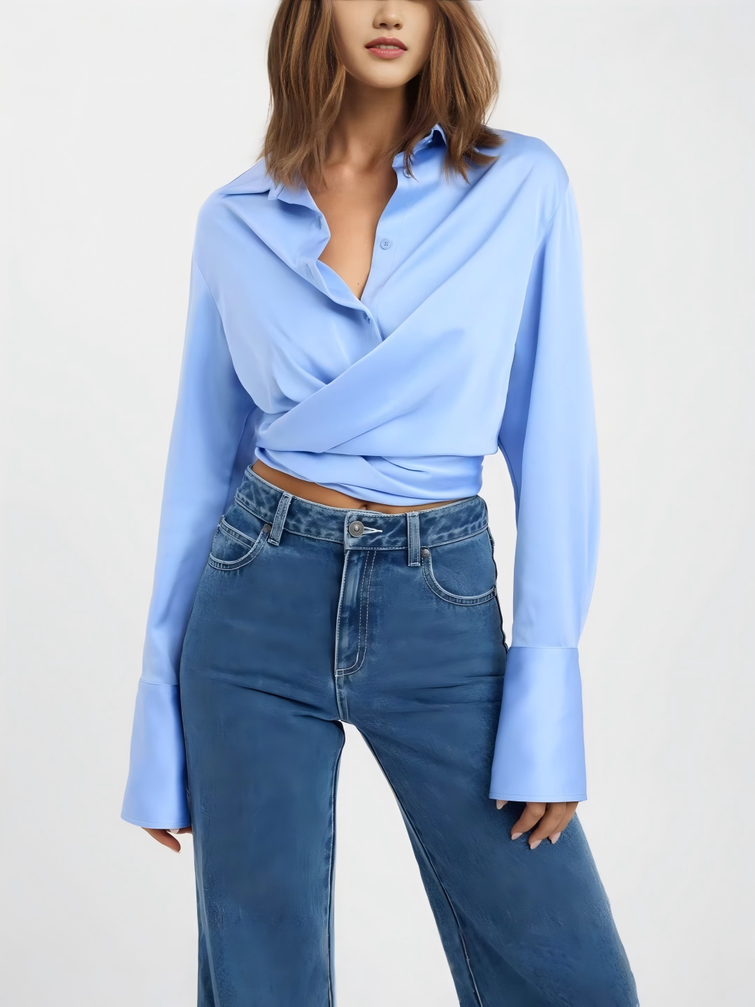 Wrap Tie-Back Satin Crop Shirt