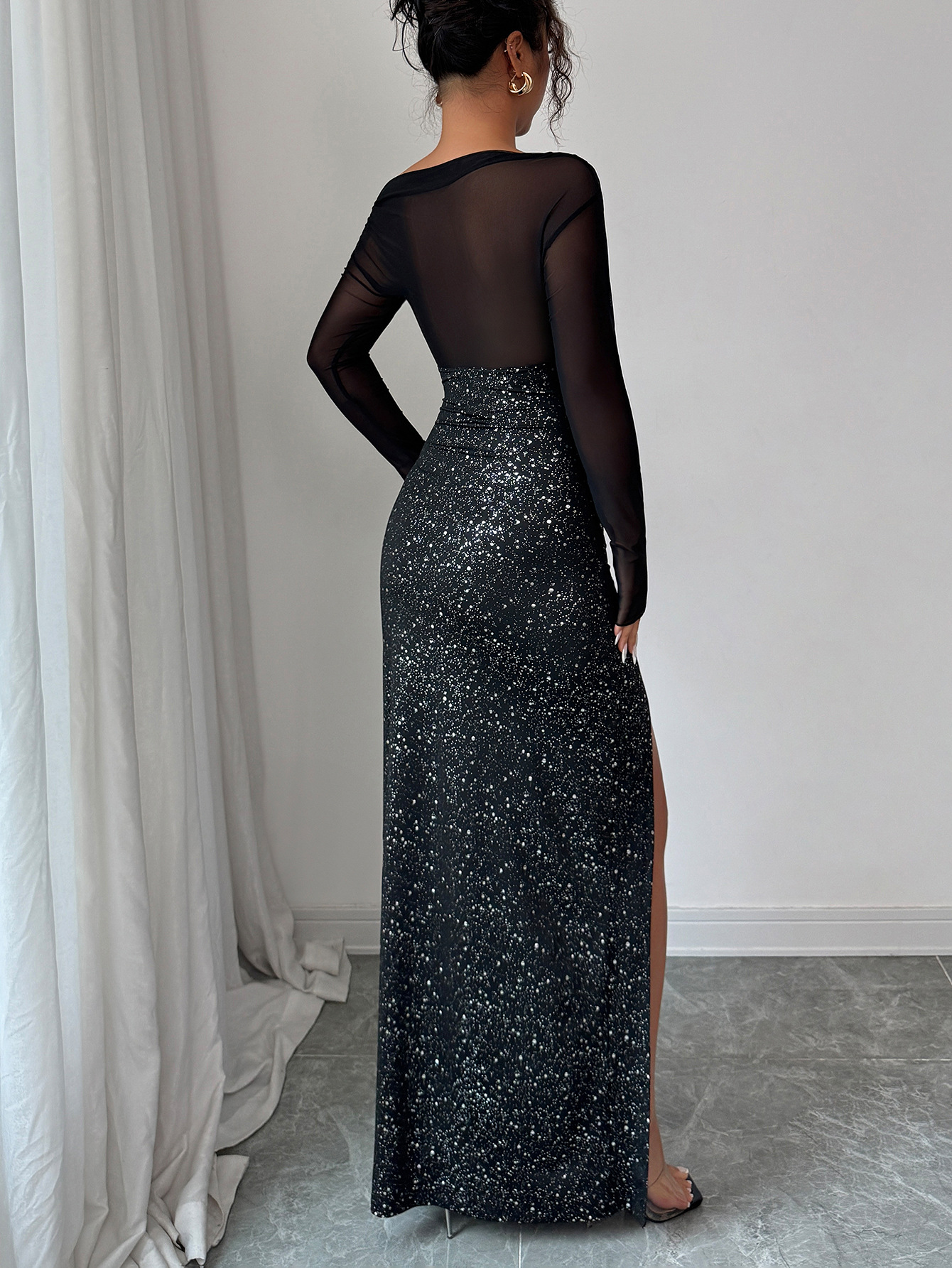 Halter Mesh Sequin Slit Maxi Dress