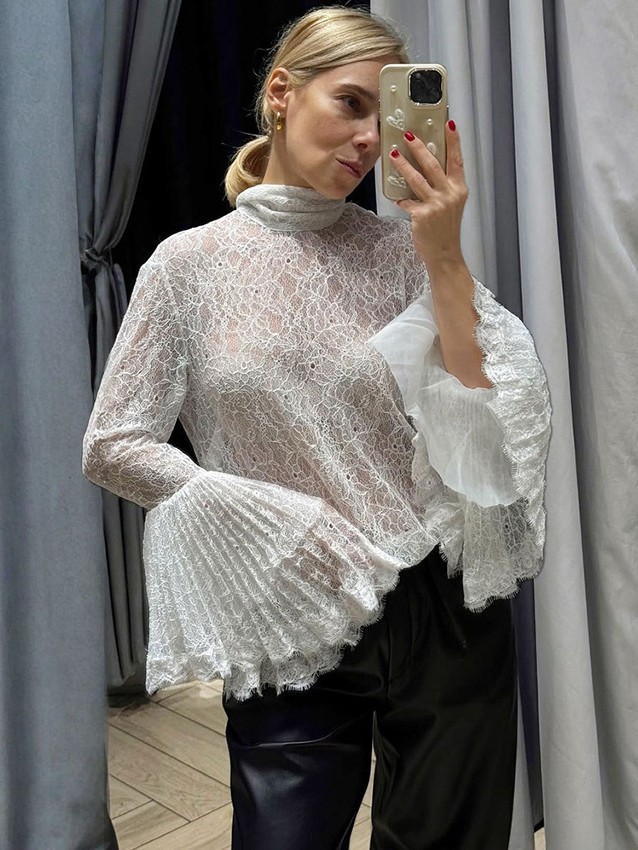 Elegant Floral Lace Mock Neck Blouse