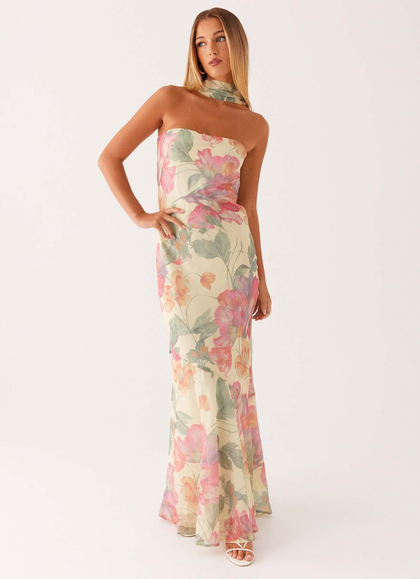 Floral Satin Tube Top Flare Dress
