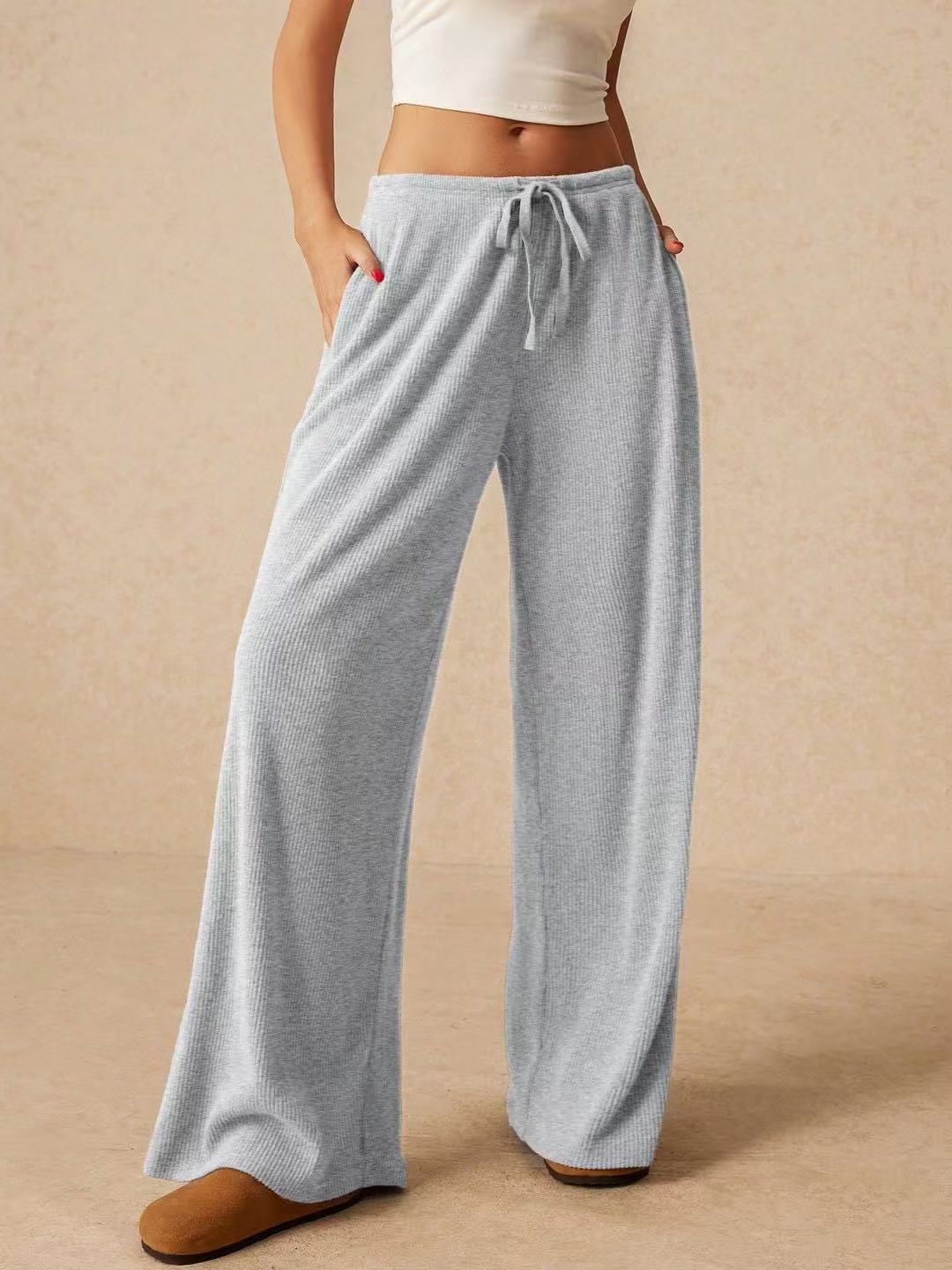 Ribbed Elastic Waist Wide Leg Pants