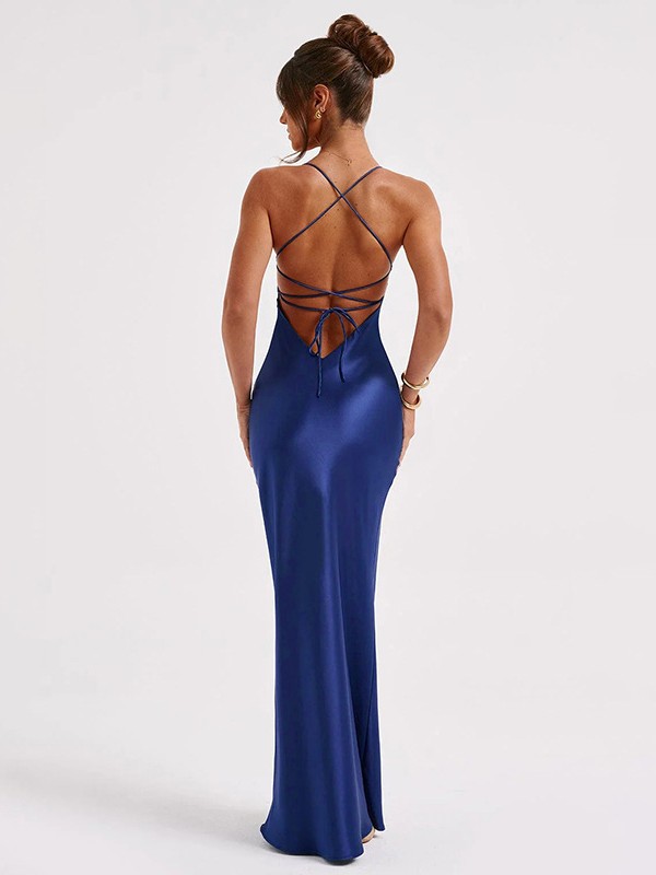 Lustrous Satin Cami Maxi Dress with Criss-cross Tie-Back