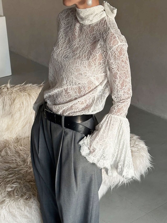 Elegant Floral Lace Mock Neck Blouse