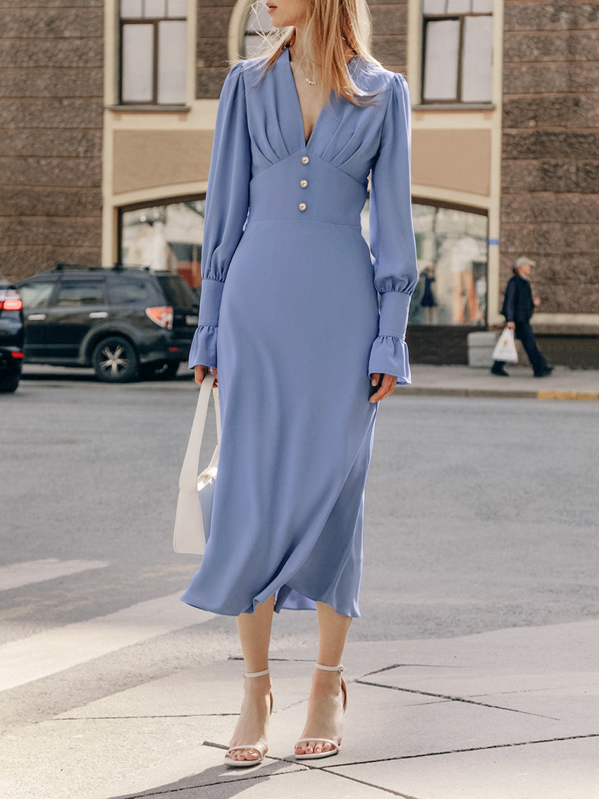 V-Neck Lantern Sleeve Maxi Dress