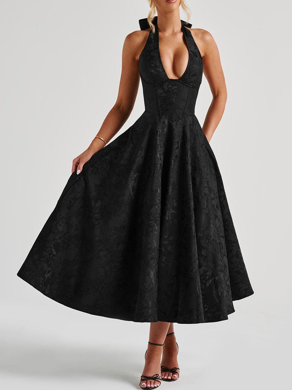 Jacquard V-Neck Halter Maxi Dress