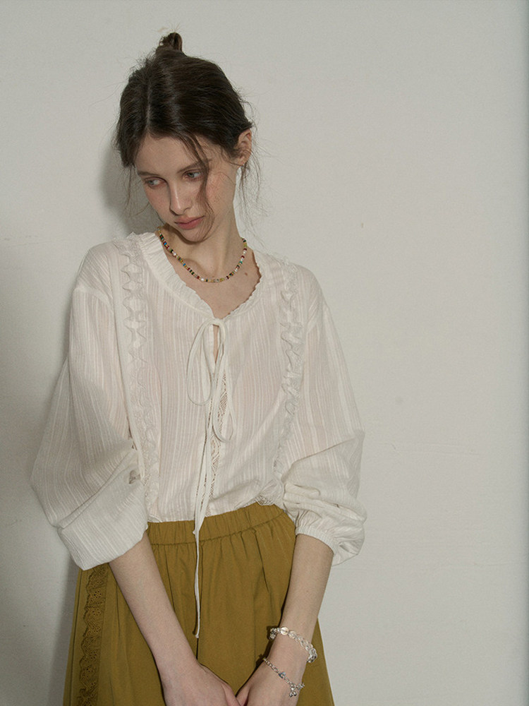 Women's French Lace-Up Blouse - Vintage Romantic Aesthetic