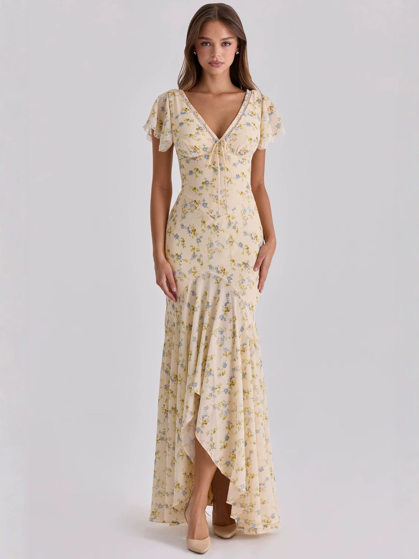 Ethereal Floral Chiffon Dress with High-Low Hem