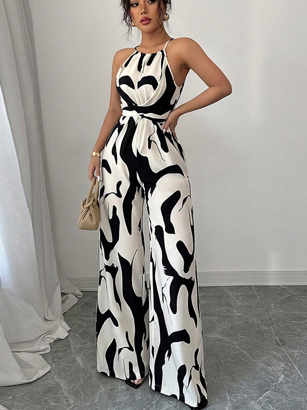 Artistic Fluid-Print Halter Jumpsuit with Waist-Defining Tie