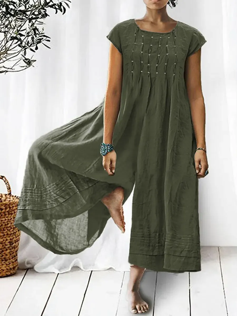 💝💝Women's Solid Color Art Casual Short Sleeve Cotton Linen Jumpsuit
