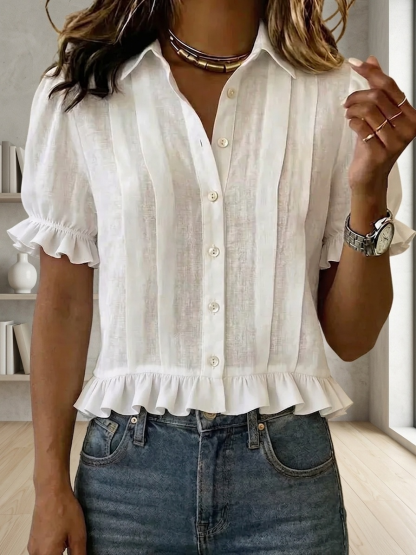 New Arrivals🔥Women's Solid-color Short-sleeve Casual Loose Cotton-linen Shirt With Cardigan Collar