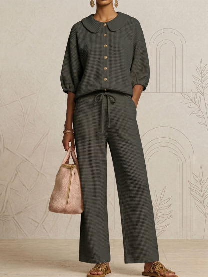 New Arrivals🔥Stylish Peter Pan Waffle Two-Piece Set-Casual Shirt & Wide Leg Pants Outfit