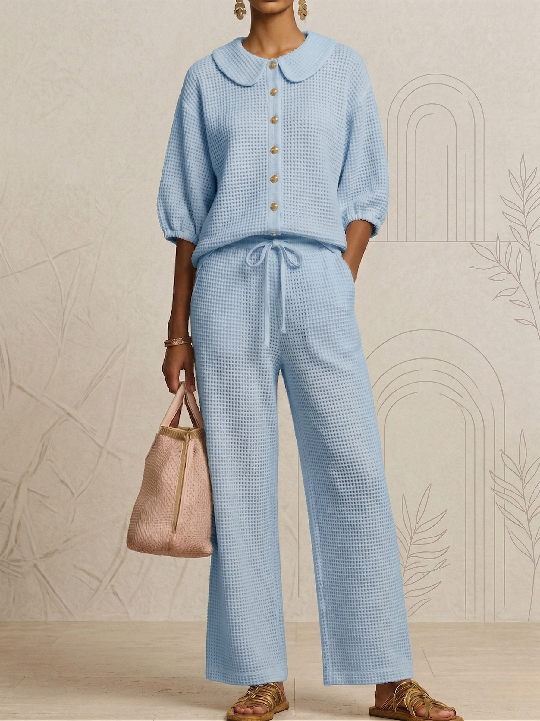 New Arrivals🔥Stylish Peter Pan Waffle Two-Piece Set-Casual Shirt & Wide Leg Pants Outfit